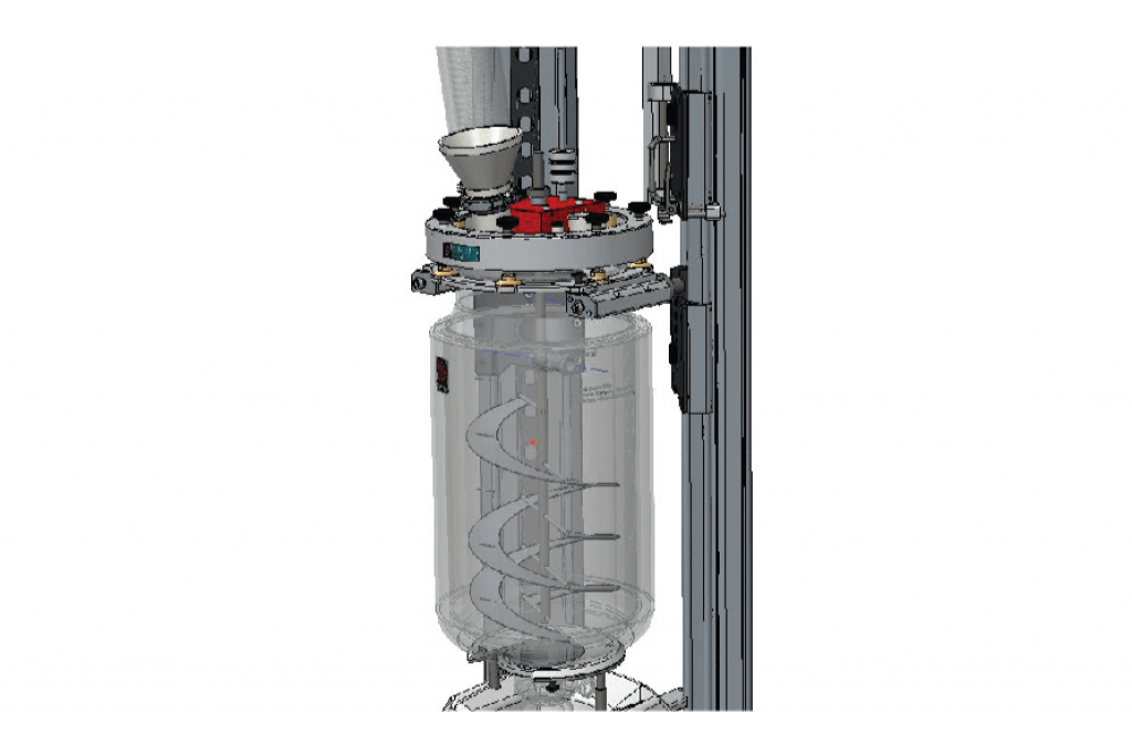 A CAD drawing of how the custom stirrer will look inside the Syrris Orb Pilot vessel