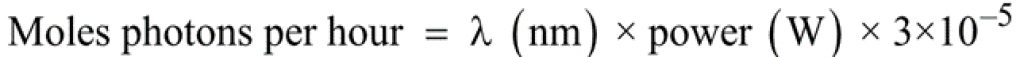 Equation 2 – Number of moles of photons (einsteins) per hour at a given wavelength (λ)<sup>2</sup>