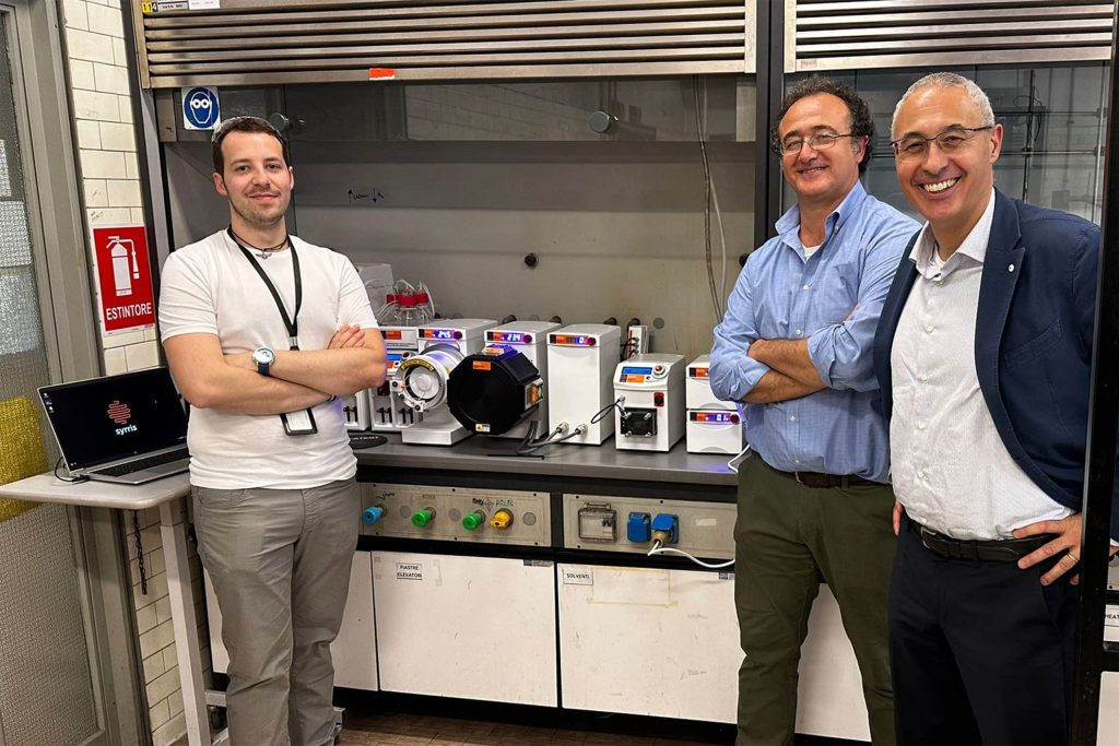 Fabrizio Medici, Valerio Chiroli and Prof Maurizio Benaglia of the Benaglia Group shown with their Asia Flow Chemistry System.